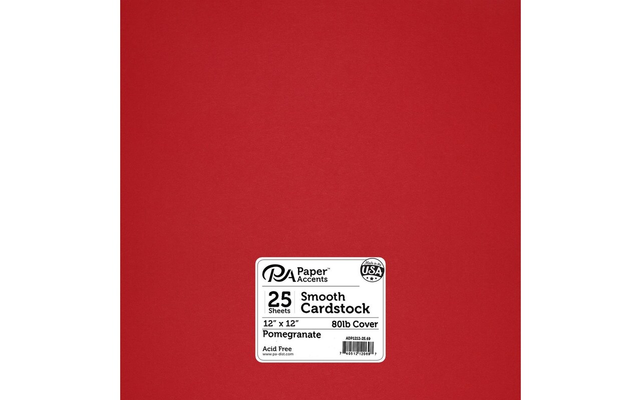 PA Paper Accents Smooth Cardstock 12&#x22; x 12&#x22; Pomegranate, 80lb colored cardstock paper for card making, scrapbooking, printing, quilling and crafts, 25 piece pack